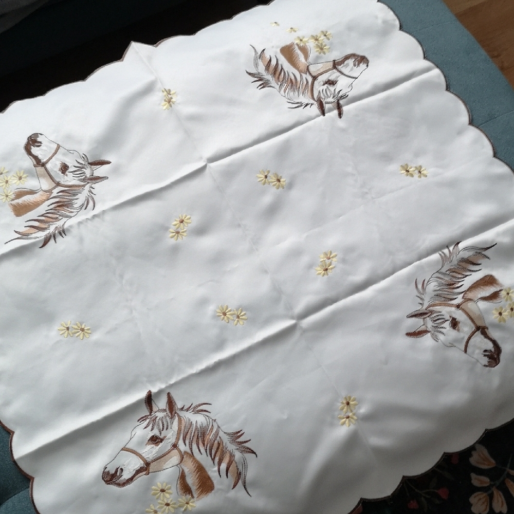 Vintage Inspired Embroidered Horse Tablecloth Square 33" Each Side Yellow Daisy